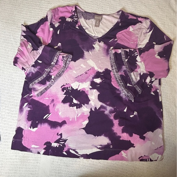 Chico's Women’s Size 4(XXL) Elegant Purple Pink cream Top 3/4 bell fringe sleeve - Picture 7 of 11